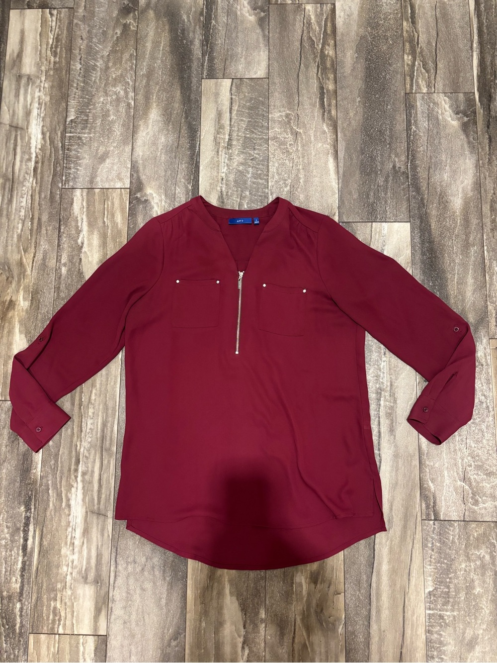 Apt 9 Long Sleeve V-Neck Zip-Front Blouse Burgundy Sz S